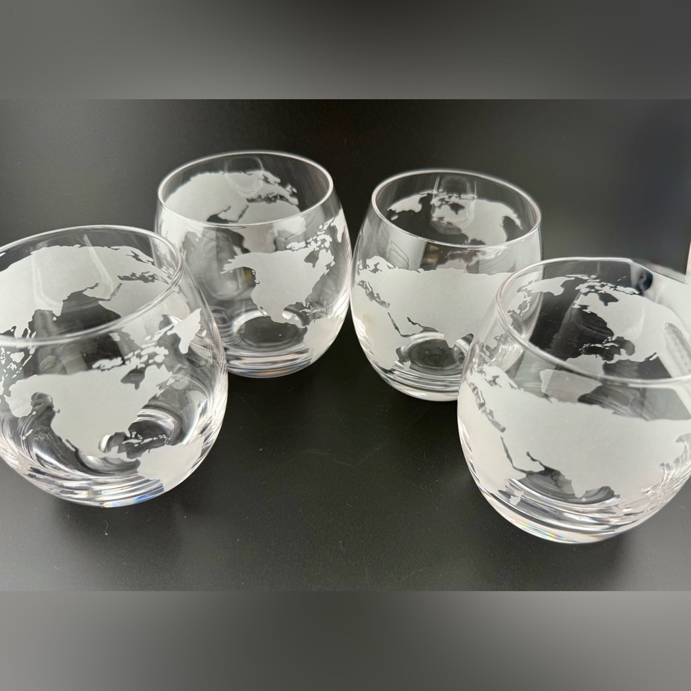4 The Wine Savant Etched World Globe Glasses 10 oz - 12 oz